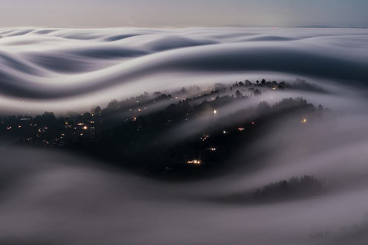 clouds, lights, fog, the evening, CA, USA, HD wallpaper