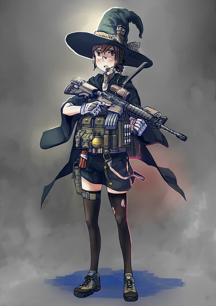 anime, anime girls, hat, weapon, gun, military, HD wallpaper