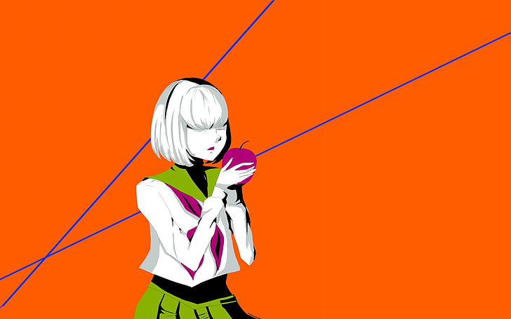 Anime, bunt, Mawaru Penguindrum, Anime Mädchen, Äpfel, Linien, orange Hintergrund, HD-Hintergrundbild