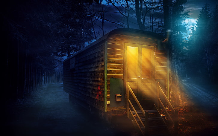 forest, night, treatment, full moon, caravan, HD wallpaper