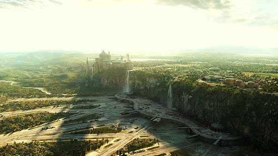 fotografia aerea del castello sulla cima della scogliera vicino a cascata, paesaggio, Naboo, Star Wars, scogliera, luce del sole, Sfondo HD HD wallpaper