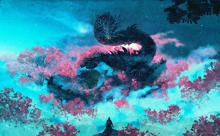 създание, околна среда, дигитално изкуство, Sekiro: Shadows Die Twice, дракон, Sakura blossom, мъгла, Video Game Art, видео игри, HD тапет