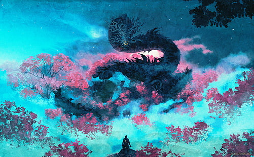 създание, околна среда, дигитално изкуство, Sekiro: Shadows Die Twice, дракон, Sakura blossom, мъгла, Video Game Art, видео игри, HD тапет HD wallpaper
