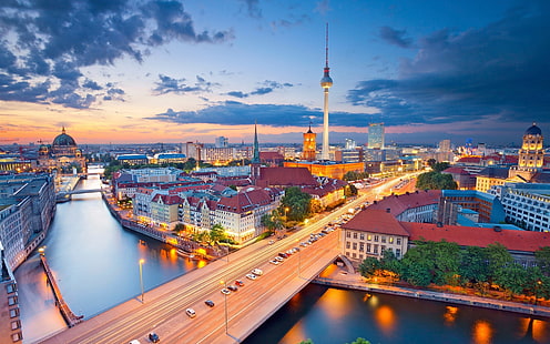 Берлин, Германия, город, ночь, огни, река, башня, дома, Берлин, Германия, город, ночь, огни, река, башня, дома, HD обои HD wallpaper