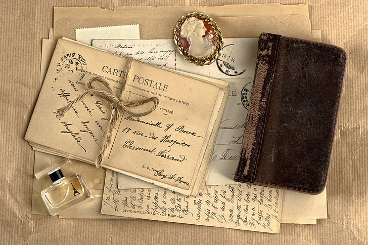Vintage, cahier, médaillon, parfum, écriture, rétro, Fond d'écran HD