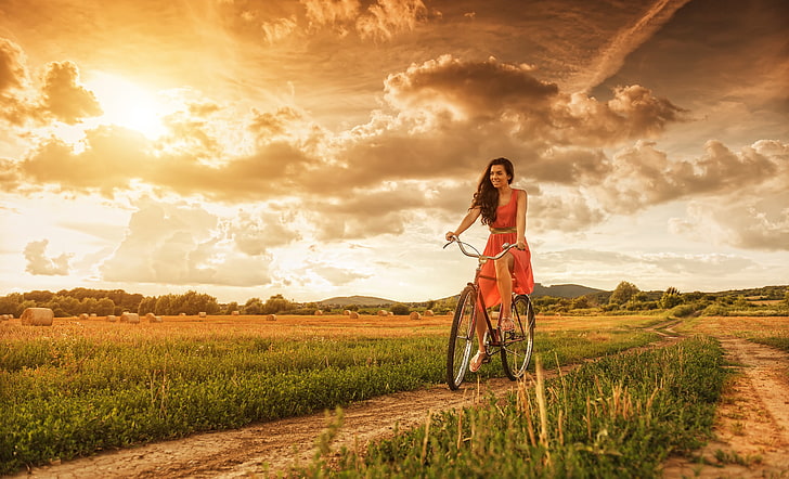 women's red sleeveless dress, road, field, the sky, girl, clouds, bike, hay, walk, HD wallpaper