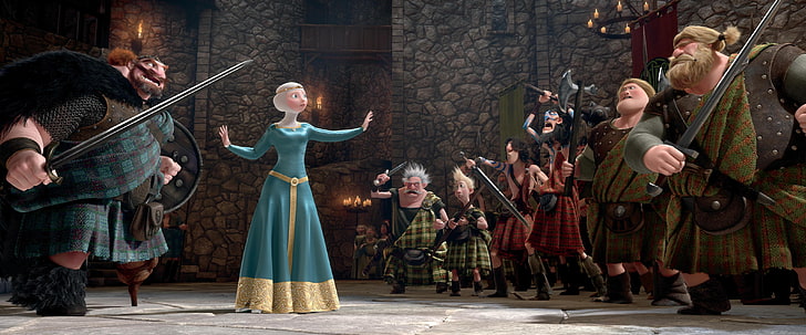 Disney Brave wallpaper, castle, cartoon, candles, Scotland, Archer, Disney, Pixar, warriors, Princess, red hair, Queen, king, the movie, film, Brave heart, Brave, Merida, the Scots, meeting, HD wallpaper