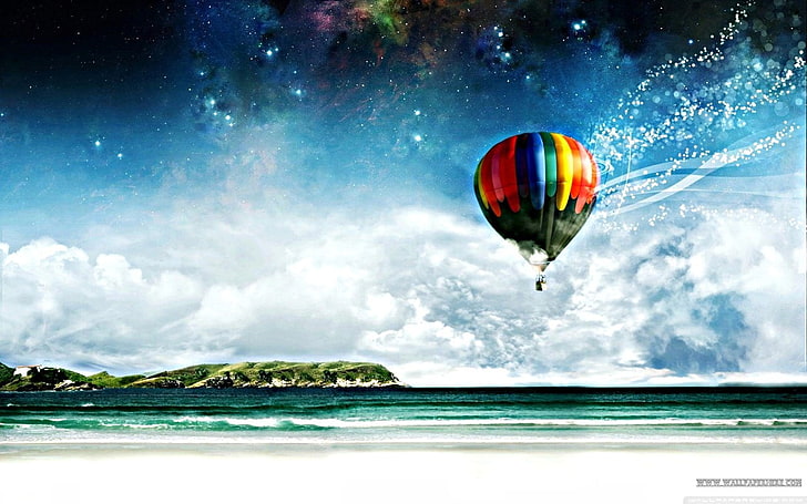 montgolfière multicolore, montgolfières, œuvres d'art, art numérique, ciel, étoiles, Fond d'écran HD