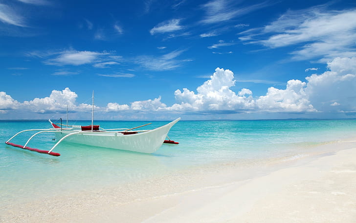 Море, пляж, Таиланд, лодка, лето, голубое небо, пейзаж, белая и коричневая деревянная лодка, море, пляж, Таиланд, лодка, лето, голубое небо, пейзаж, 1920x1200, HD обои