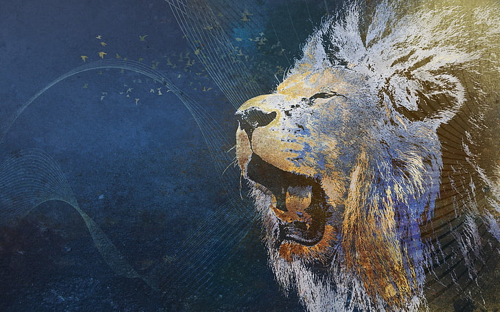 lion illustration, lion, grin, image, background, HD wallpaper