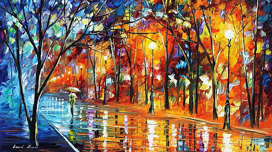 singed park with lights painting, Leonid Afremov, painting, HD wallpaper HD wallpaper