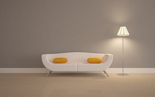 sofá de couro branco, sofá, travesseiros, lâmpada, HD papel de parede HD wallpaper