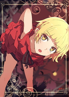 Anime, Anime Girls, weiße Haut, Loli, blondes Haar, blond, Oshino Shinobu, gelbe Augen, rot, rotes Kleid, Monogatari-Serie, Fankunst, HD-Hintergrundbild HD wallpaper
