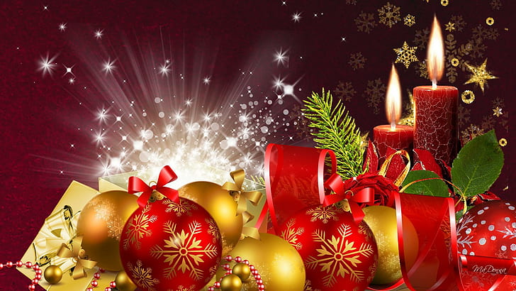 Natale rosso luminoso, decorazioni, nastro, fiocchi di neve, stelle, palline, natale, feliz navidad, oro, lucentezza, candela, Sfondo HD