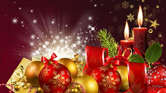 Red Christmas Bright, decorações, fita, flocos de neve, estrelas, bolas, natal, feliz navidad, ouro, brilho, vela, HD papel de parede HD wallpaper