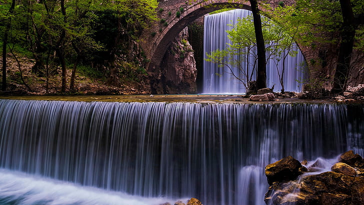 nature, landscape, waterfall, trees, rocks, long exposure, forest, bridge, spring, Greece, HD wallpaper