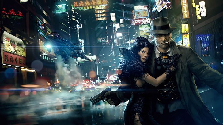 мъж и жена, държащи пистолети цифрови тапети, полиция, детективи, China Town, жени, HD тапет