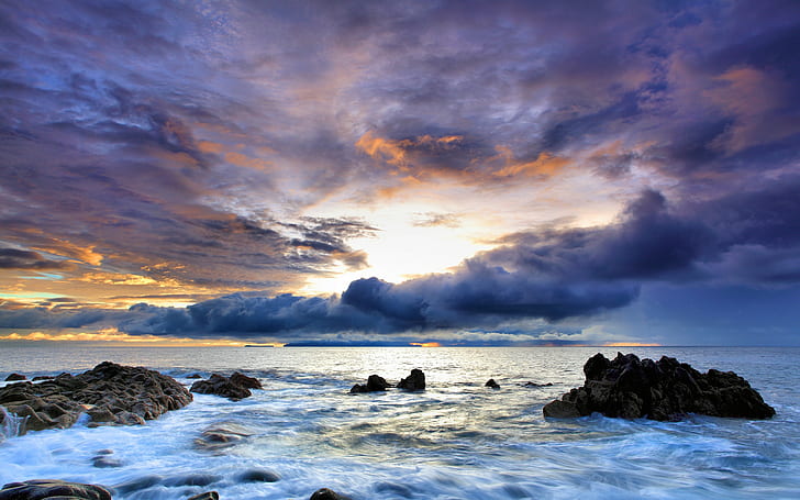 natureza, mar, nuvens, rocha, pôr do sol, costa, céu, ciano, azul, HD papel de parede