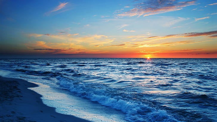 Puesta de sol playa mar, olas, azul, naranja cielo, puesta de sol, mar, playa, olas, azul, naranja, cielo, Fondo de pantalla HD