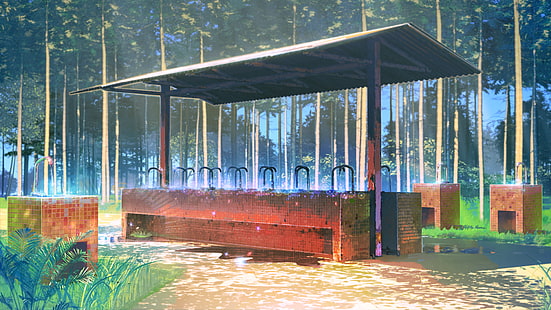 Estate eterna, alberi, piastrelle, fontanelle, acqua, visual novel, Sfondo HD HD wallpaper