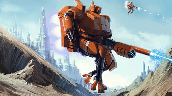 orange roboter wallpaper, roboter, mech, kunstwerk, konzeptkunst, fantasiekunst, krieg, warhammer 40.000, tau, HD-Hintergrundbild HD wallpaper