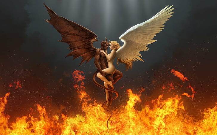 1920x1080, angel, art, arts, black, couple, devil, end, fiery, fire, heat, hugs, passion, passionate, white, HD wallpaper