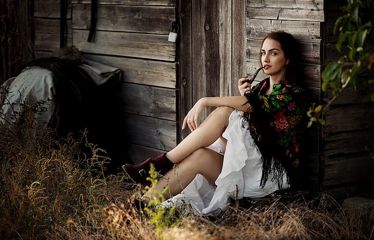 Girl, shawl, Smoking pipe, Ann Nevreva, HD wallpaper