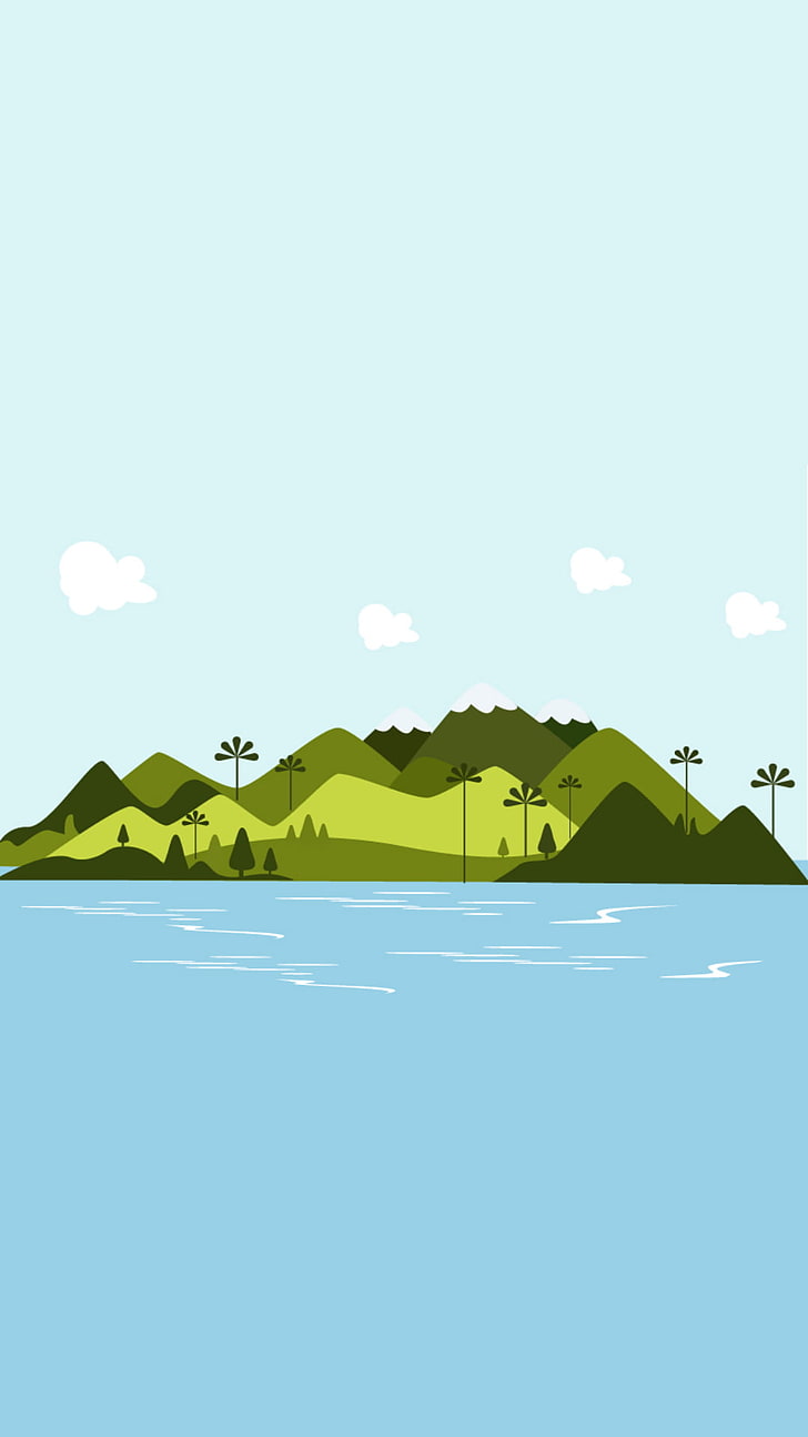 illustrazione dell'isola, materiale minimo, opera d'arte, isola, mare, natura, Sfondo HD, sfondo telefono