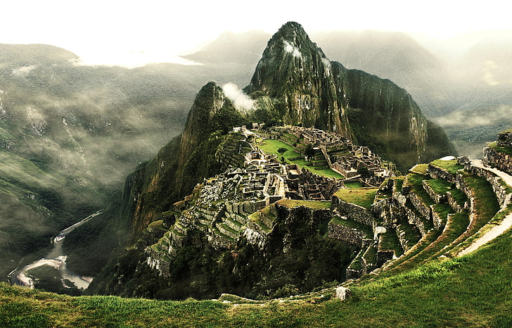 гора цифровые обои, облака, река, гора, сцена, Перу, Мачу-Пикчу, город инков, HD обои