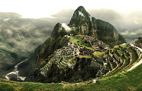 montagna sfondo digitale, nuvole, fiume, montagna, palcoscenico, Perù, Machu Picchu, città degli Incas, Sfondo HD HD wallpaper