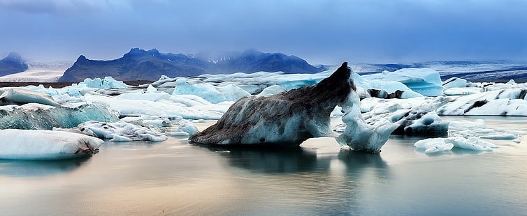 покрит с лед камък, природа, море, айсберг, лед, вода, планини, пейзаж, сняг, HD тапет HD wallpaper