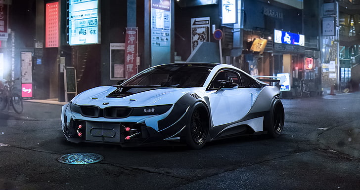 white and blue BMW i8 coupe, BMW, City, Car, Race, Night, White, Tuning, Future, by Khyzyl Saleem, HD wallpaper