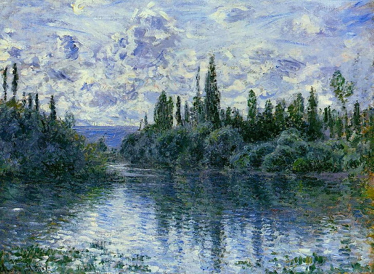 Arm of the Seine near Vetheuil, claude monet, art, luminos, arm if the seine near vetheuil, 1878, tree, water, green, painting, summer, impressionism, pictura, blue, HD wallpaper
