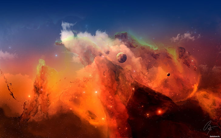 orange solnedgång illustration, rymd, rymdkonst, konstverk, digital konst, fantasikonst, planet, nebulosa, JoeyJazz, HD tapet