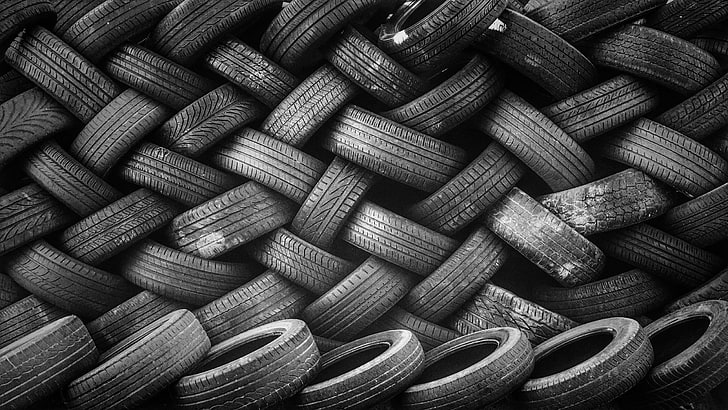 차량 타이어 많은, 타이어, 타이어, 흑백, 벽, 무늬, 조직, HD 배경 화면