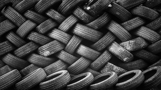 차량 타이어 많은, 타이어, 타이어, 흑백, 벽, 무늬, 조직, HD 배경 화면 HD wallpaper