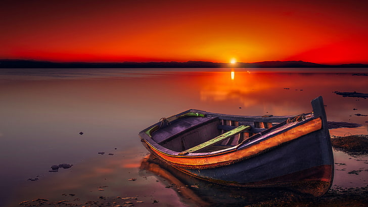 boat, sunset, lake, horizon, calm, red sky, red sunset, afterglow, water, sky, shore, evening, sun, dusk, HD wallpaper