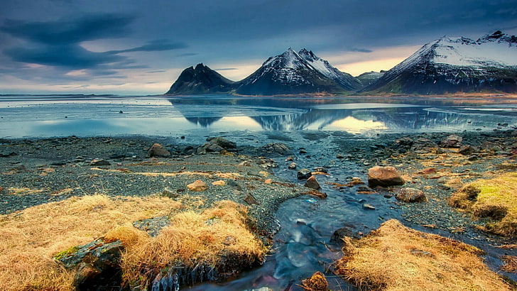 sea, mountain, seascape, iceland, brunnhorn, vestrahorn, fjord, landscape, mount scenery, mountains, peak, reflection, HD wallpaper