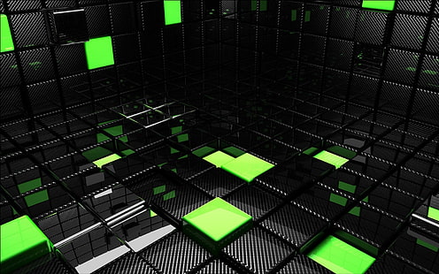 papel de parede de cubo preto e verde, abstrato, preto, verde, CGI, render, arte digital, 3D, HD papel de parede HD wallpaper