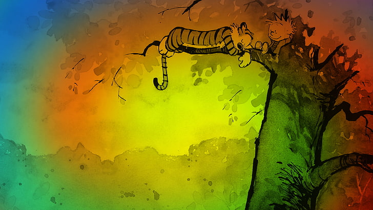 träd och tiger illustration, färg, tiger, träd, vistelse, figur, tecknad film, sömn, pojke, konst, Calvin och Hobbes, HD tapet