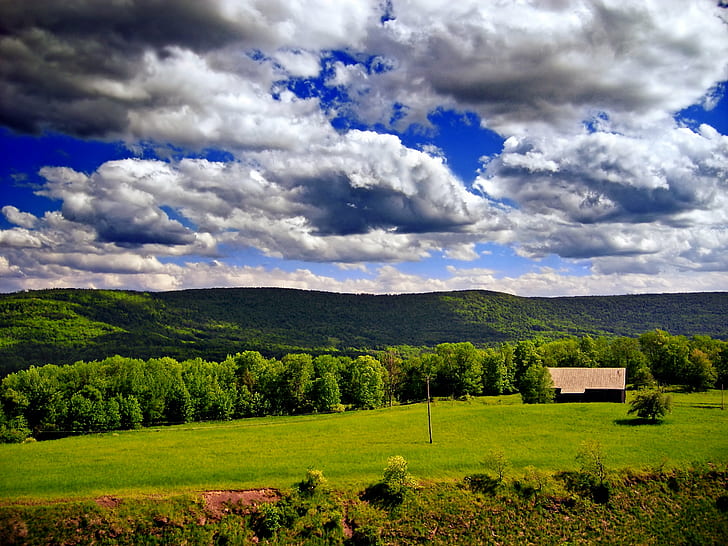 mountain during day time, Scarp, day, time, Pennsylvania, Sullivan County, Laporte Township, Wright, View, Old, US Route 220, Endless Mountains, Appalachian Mountains, Allegheny Plateau, landscape, clouds, rural, spring, creative commons, nature, rural Scene, hill, sky, summer, outdoors, scenics, europe, cloud - Sky, meadow, field, tree, agriculture, farm, green Color, grass, HD wallpaper