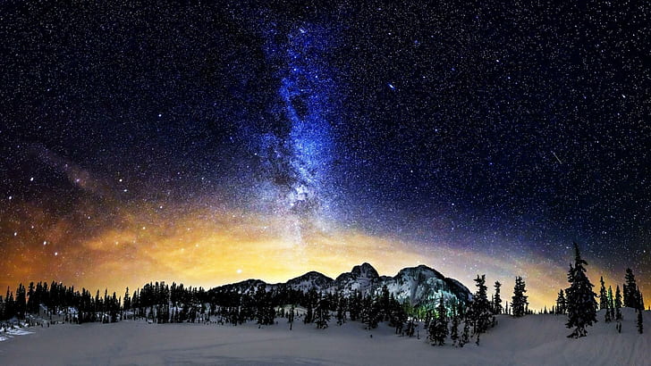 Bimasakti di atas pegunungan bersalju, aurora kuning dan biru, alam, 1920x1080, salju, pohon, gunung, bintang, galaksi, bima sakti, Wallpaper HD