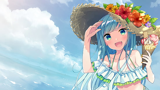 Anime, Original, Strand, Blaues Haar, Niedlich, Blume, Mädchen, Eis, Sommer, HD-Hintergrundbild HD wallpaper