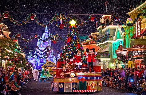 Lassen Sie es schneien, Disney Mickey und Minnie Mouse Kostüme, Feiertage, Weihnachten, Winter, Party, Schnee, Schneeflocken, Urlaub, Mickey Mouse, Walt Disney World, HD-Hintergrundbild HD wallpaper