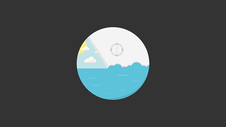 ilustrasi logo bulat putih dan biru, minimalis, vektor, kapal layar, perspektif, alam, laut, ombak, Wallpaper HD