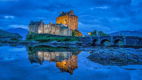 мост, отражение, замок, Шотландия, фьорд, Eilean Donan Castle, Loch Duich, Замок Эйлен-Донан, HD обои HD wallpaper