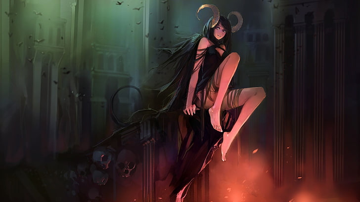 female character illustration, horns, demon, demon girls, succubus, dark hair, fantasy girl, fantasy art, barefoot, HD wallpaper
