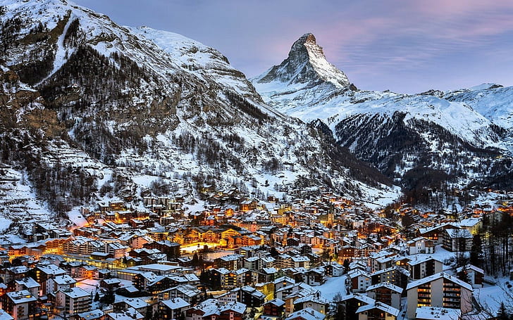 Snow-coated brown mountain, Switzerland, mountains, snow, winter, town, HD  wallpaper | Wallpaperbetter