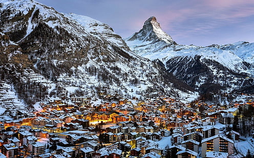 schweiz berg snö vinter stad matterhorn zermatt fotografi landskap stad ljus arkitektur schweiziska alperna, HD tapet HD wallpaper