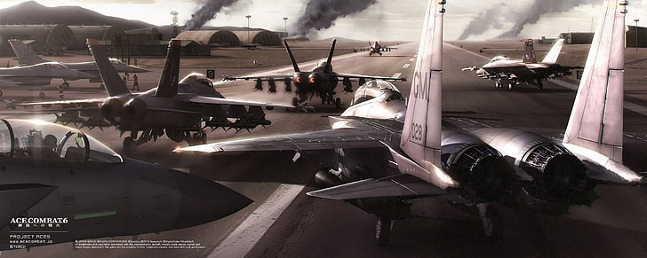 gray fighter jet poster, Ace Combat 6: Fires of Liberation, video games, aircraft, F-15 Strike Eagle, FA-18 Hornet, General Dynamics F-16 Fighting Falcon, runway, HD wallpaper